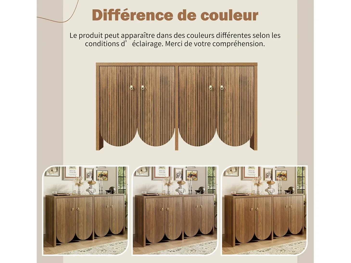 Aparador efecto nogal 147 × 40 × 80 cm - Mueble con 4 puertas - para salón, comedor y recibidor