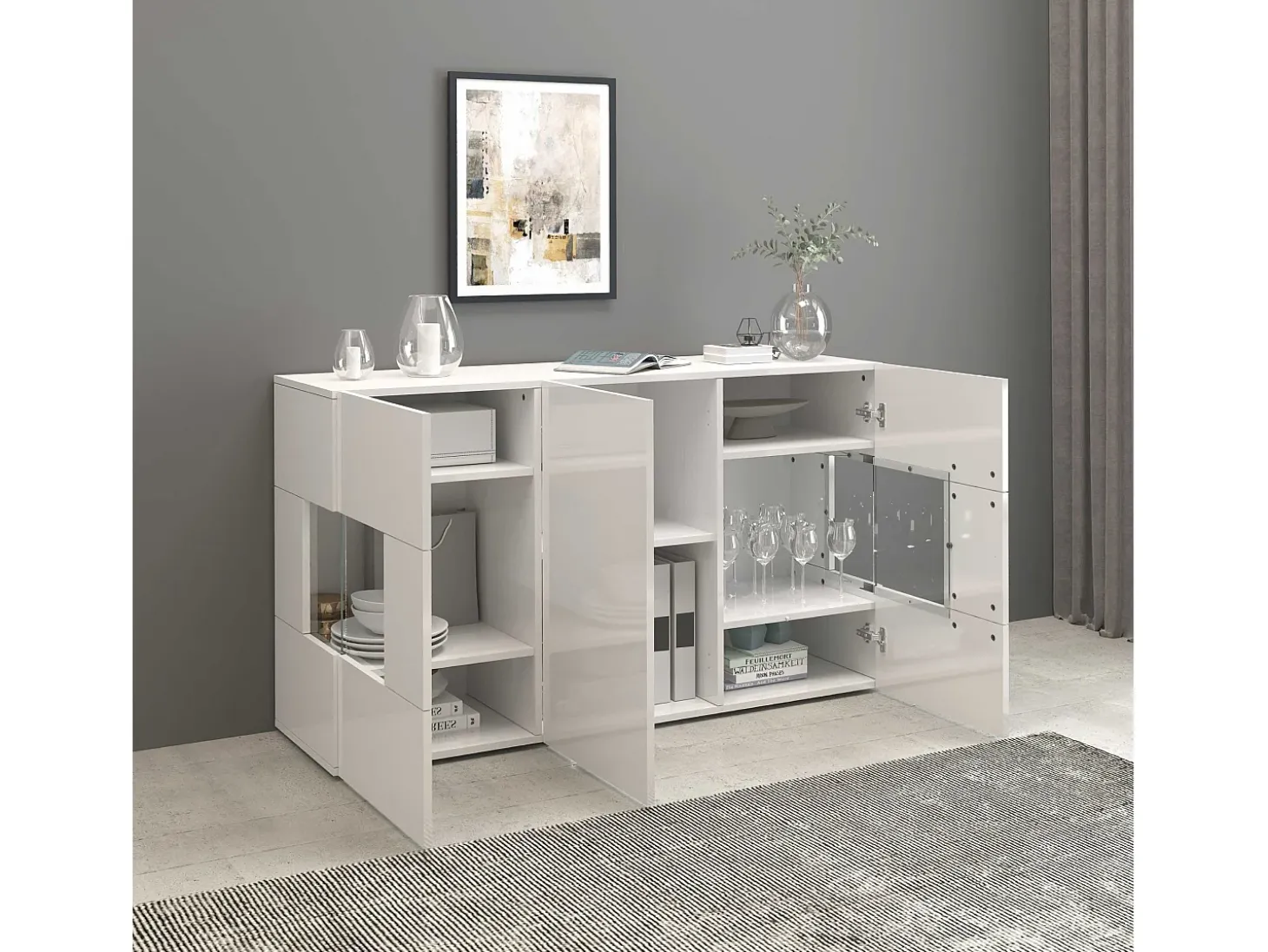 Aparador Egypt con 3 puertas con inserciones de cristal expositor blanco brillo 135x40x80 cm