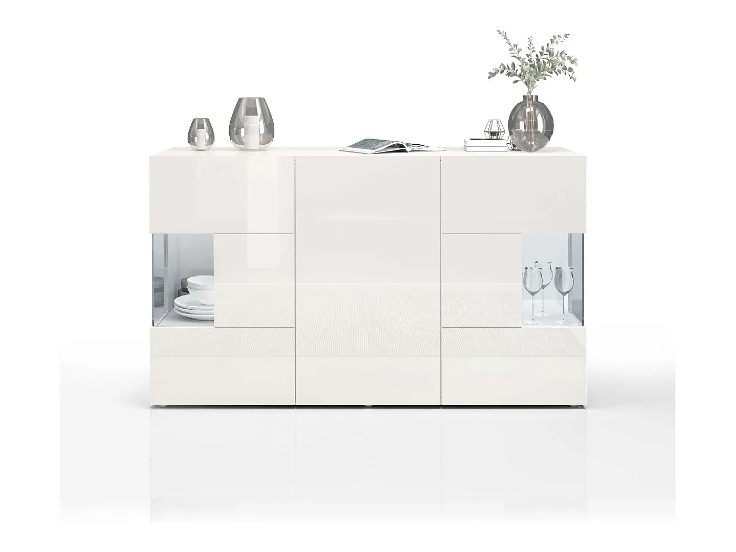 Aparador Egypt con 3 puertas con inserciones de cristal expositor blanco brillo 135x40x80 cm