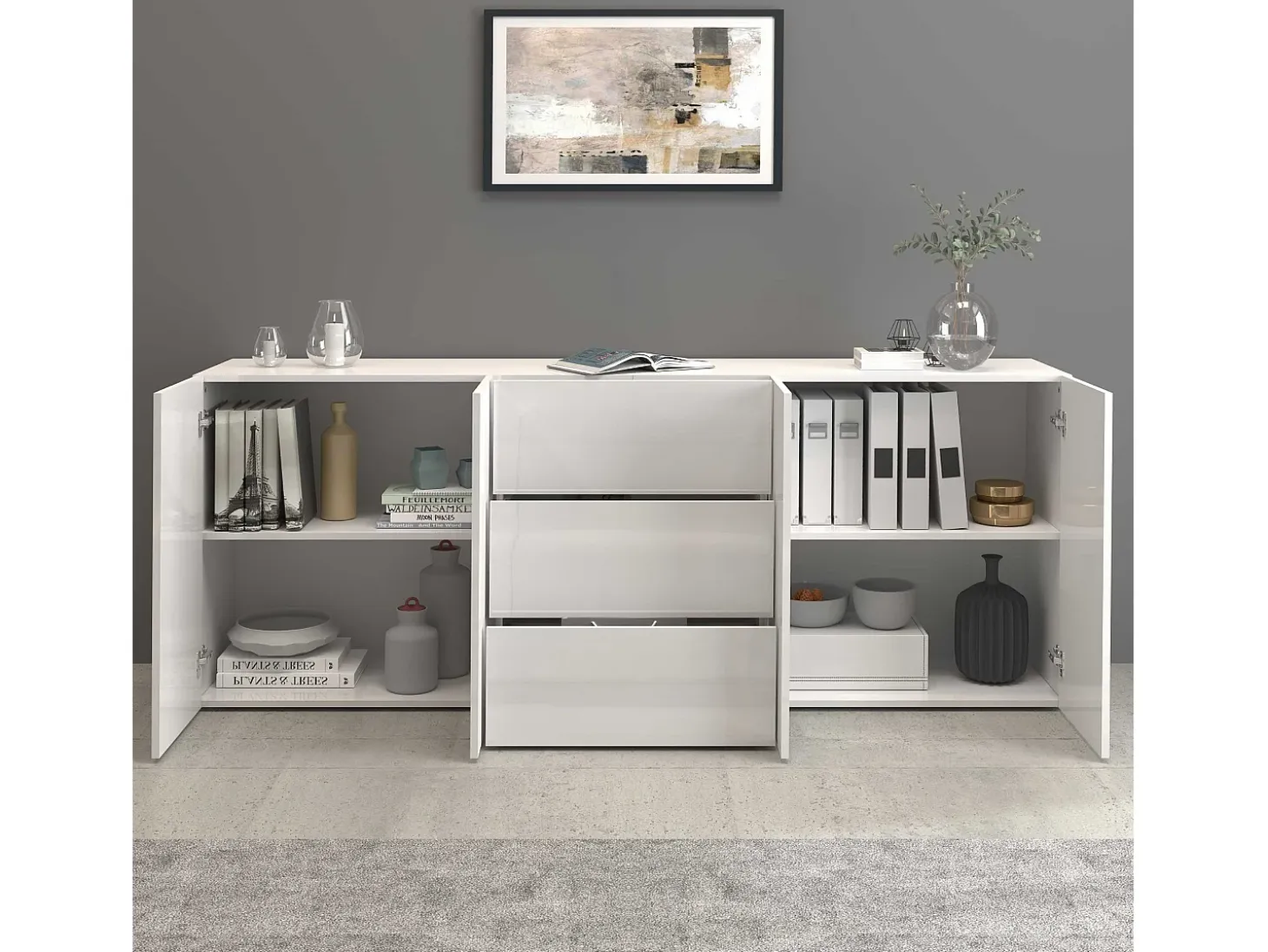 Aparador Egypt con 4 puertas y 3 cajones blanco brillo 200x40x80 cm