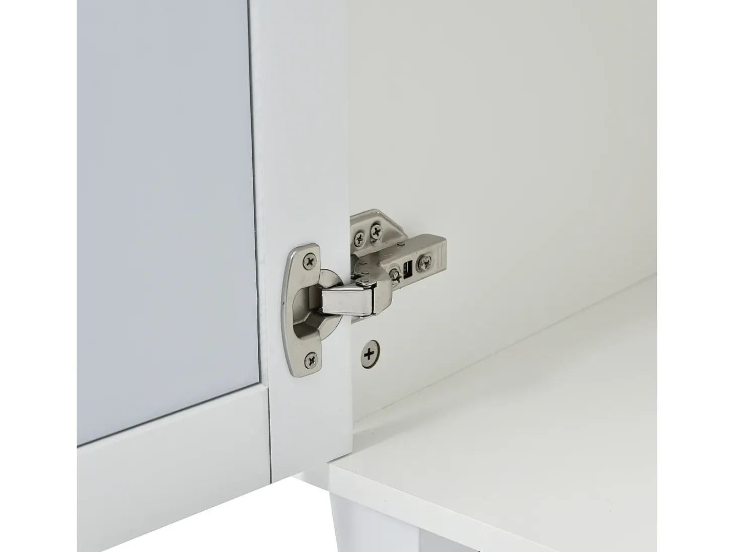 Aparador elegante con espejo blanco, versátil, 4 puertas y estante ajustable.