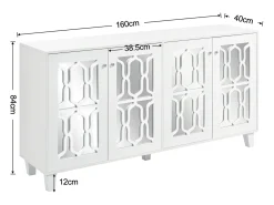 Aparador elegante con espejo blanco, versátil, 4 puertas y estante ajustable.