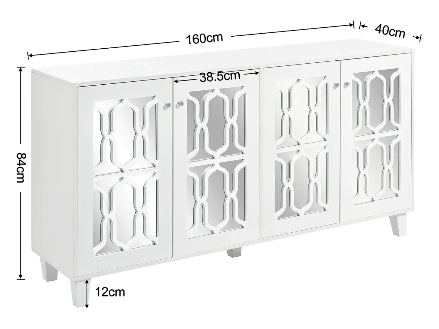 Aparador elegante con espejo blanco, versátil, 4 puertas y estante ajustable.