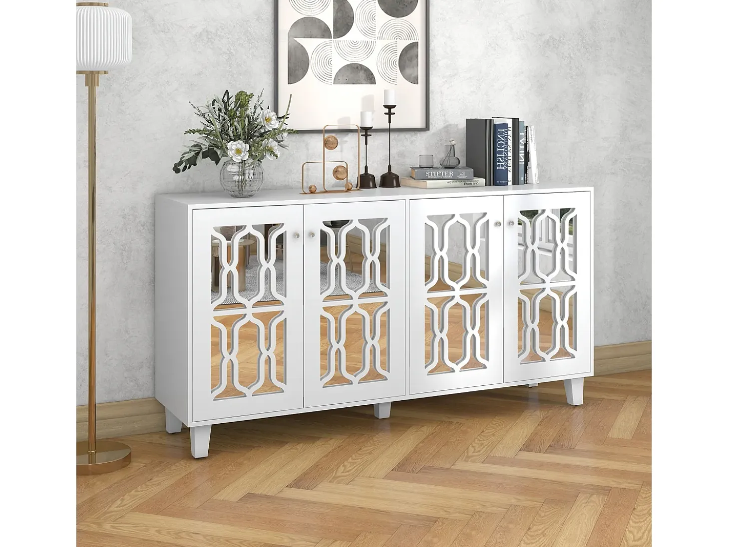 Aparador elegante con espejo blanco, versátil, 4 puertas y estante ajustable.