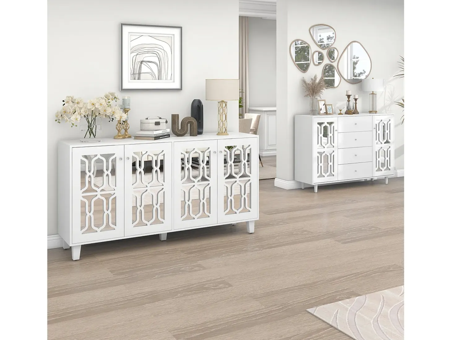 Aparador elegante con espejo blanco, versátil, 4 puertas y estante ajustable.