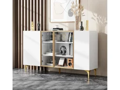 Aparador elegante de 4 puertas - 150 x 38 x 85 cm - 2 puertas de cristal - MDF - blanco