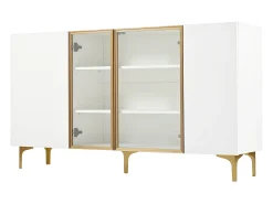 Aparador elegante de 4 puertas - 150 x 38 x 85 cm - 2 puertas de cristal - MDF - blanco