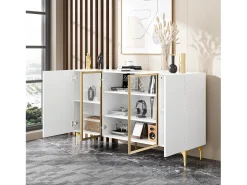 Aparador elegante de 4 puertas - 150 x 38 x 85 cm - 2 puertas de cristal - MDF - blanco