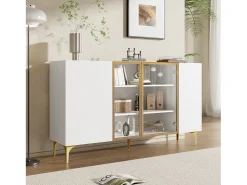 Aparador elegante de 4 puertas - 150 x 38 x 85 cm - 2 puertas de cristal - MDF - blanco