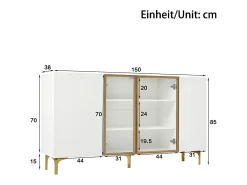 Aparador elegante de 4 puertas - 150 x 38 x 85 cm - 2 puertas de cristal - MDF - blanco