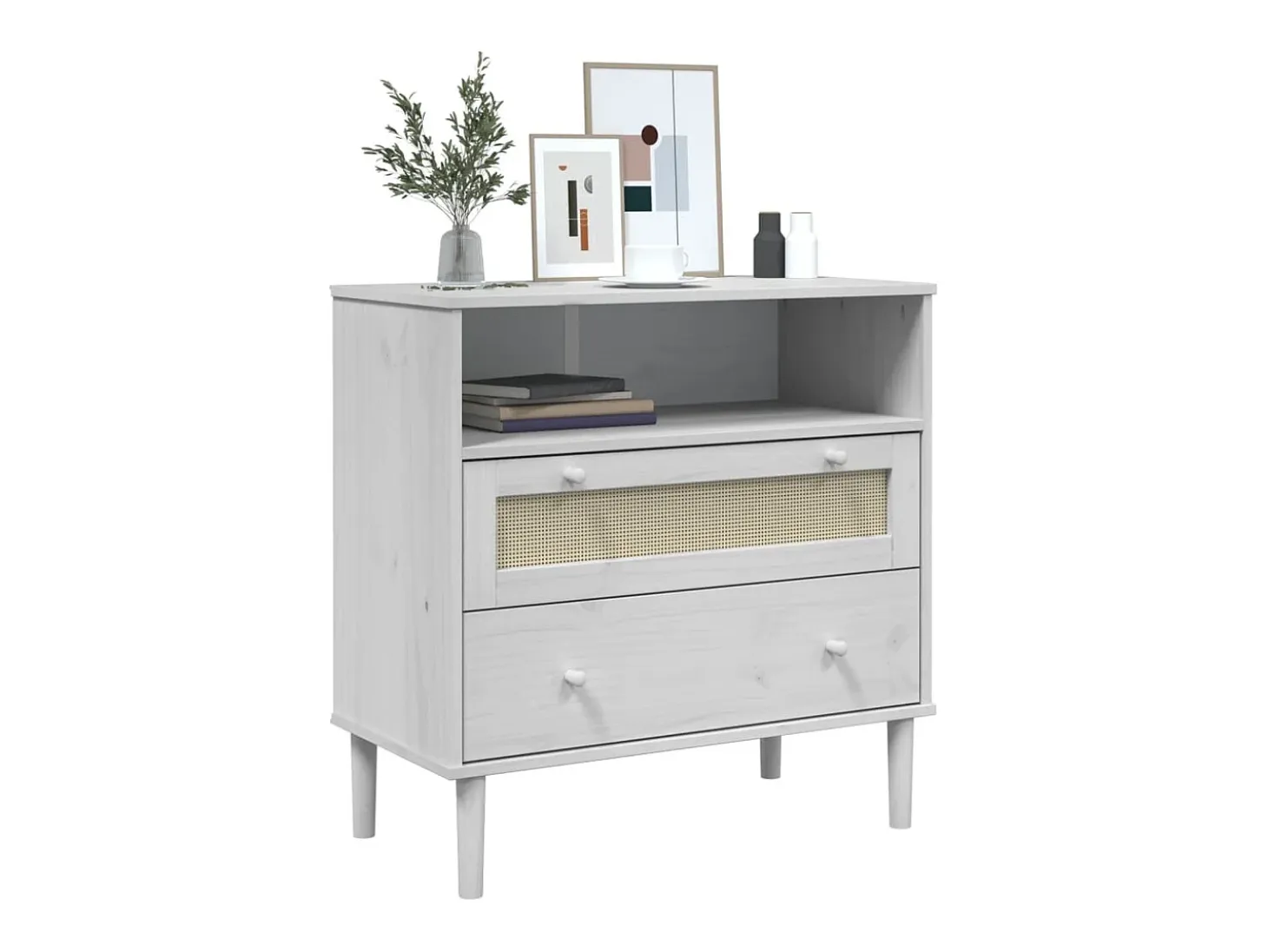 Aparador en aspecto ratán blanco 80x40x80 cm madera maciza de pino
