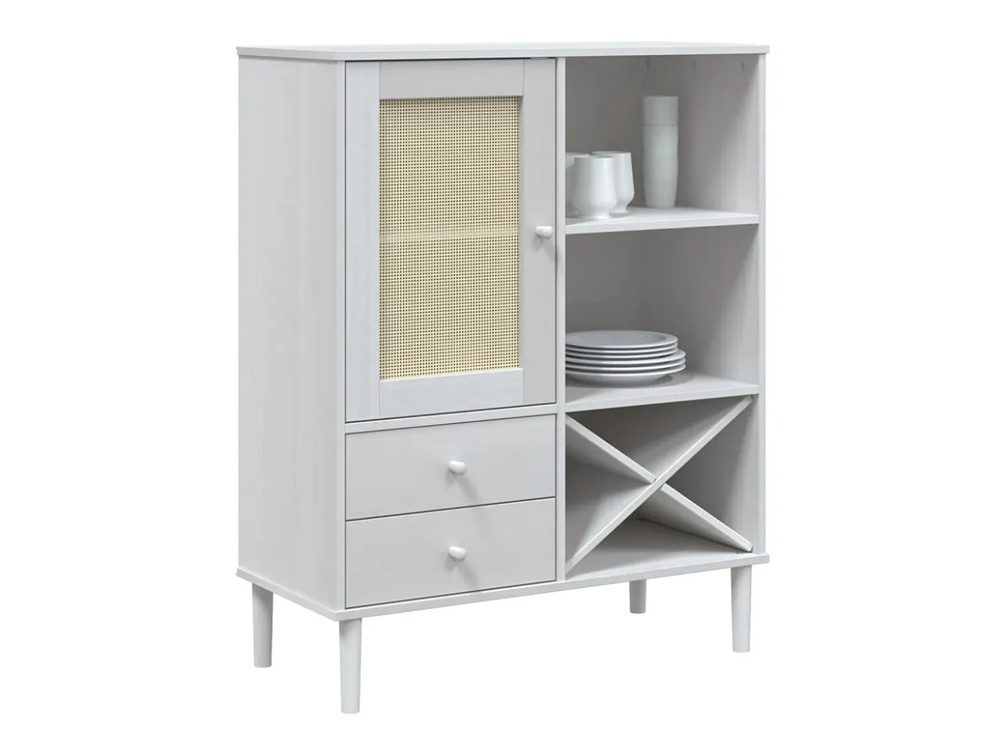 Aparador en imitación ratán blanco 90x40x112cm madera maciza de pino