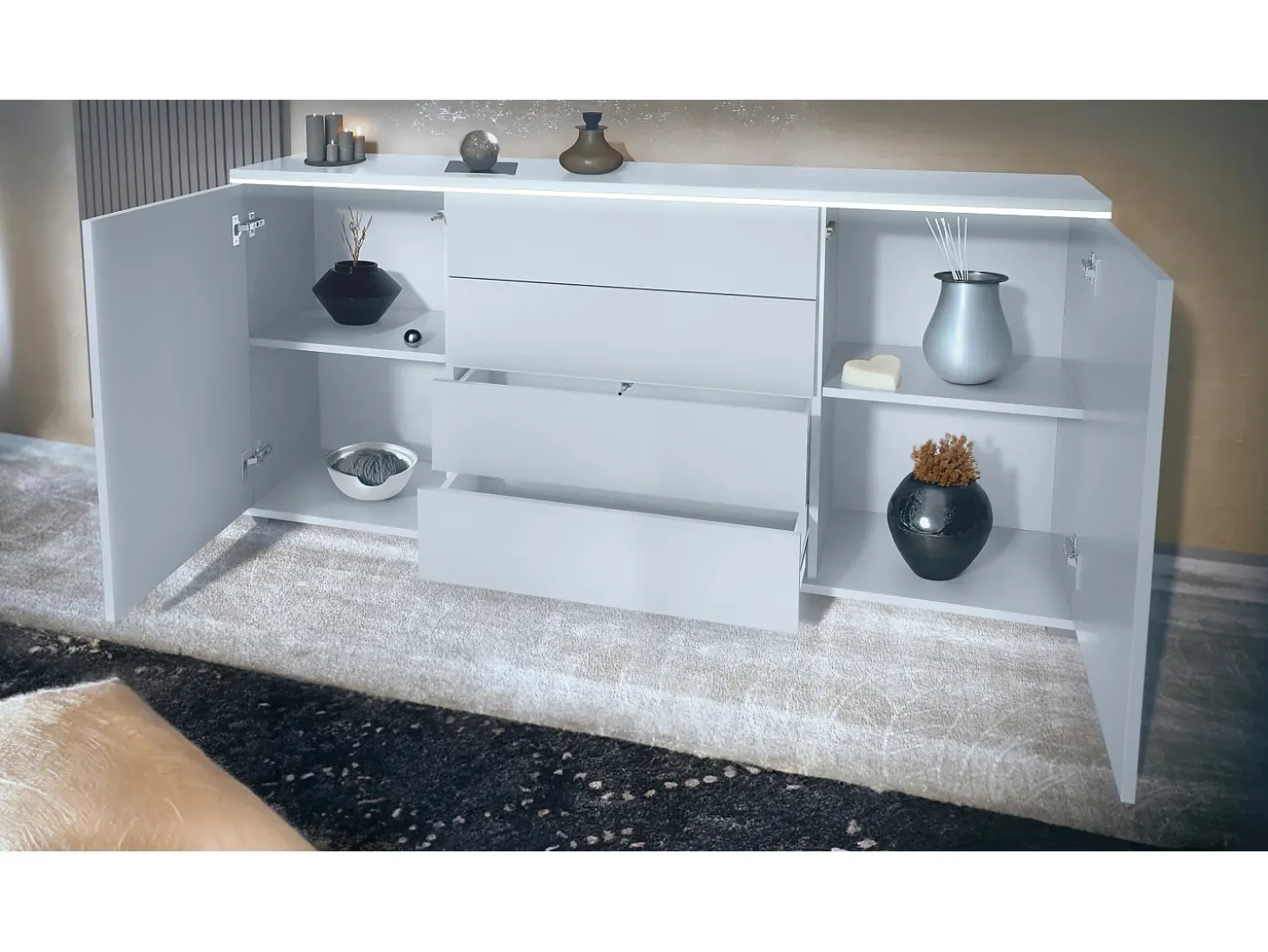 Aparador Faro V2 – Mueble con 2 Puertas y 4 Cajones, Armario con Tira de Luz LED, blanco mate / negro de alto brillo (166,5 x 75,5 x 35)