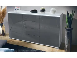 Aparador Faro V1 – Mueble con 2 Puertas y 4 Cajones, Armario con Tira de Luz LED, blanco mate / gris de alto brillo (138,5 x 75,5 x 35)