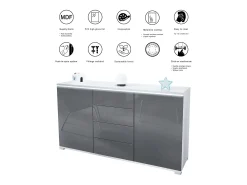 Aparador Faro V1 – Mueble con 2 Puertas y 4 Cajones, Armario con Tira de Luz LED, blanco mate / gris de alto brillo (138,5 x 75,5 x 35)