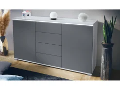 Aparador Faro V1 – Mueble con 2 Puertas y 4 Cajones, Armario con Tira de Luz LED, blanco mate / antracita mate (138,5 x 75,5 x 35)