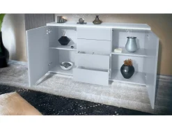 Aparador Faro V1 – Mueble con 2 Puertas y 4 Cajones, Armario con Tira de Luz LED, blanco mate / antracita mate (138,5 x 75,5 x 35)