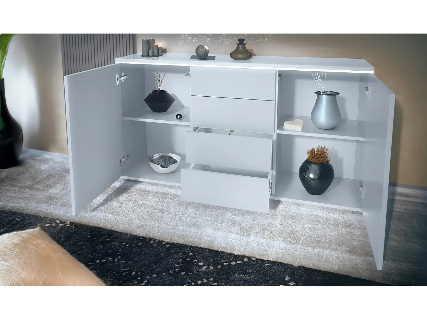 Aparador Faro V1 – Mueble con 2 Puertas y 4 Cajones, Armario con Tira de Luz LED, blanco mate / antracita mate (138,5 x 75,5 x 35)