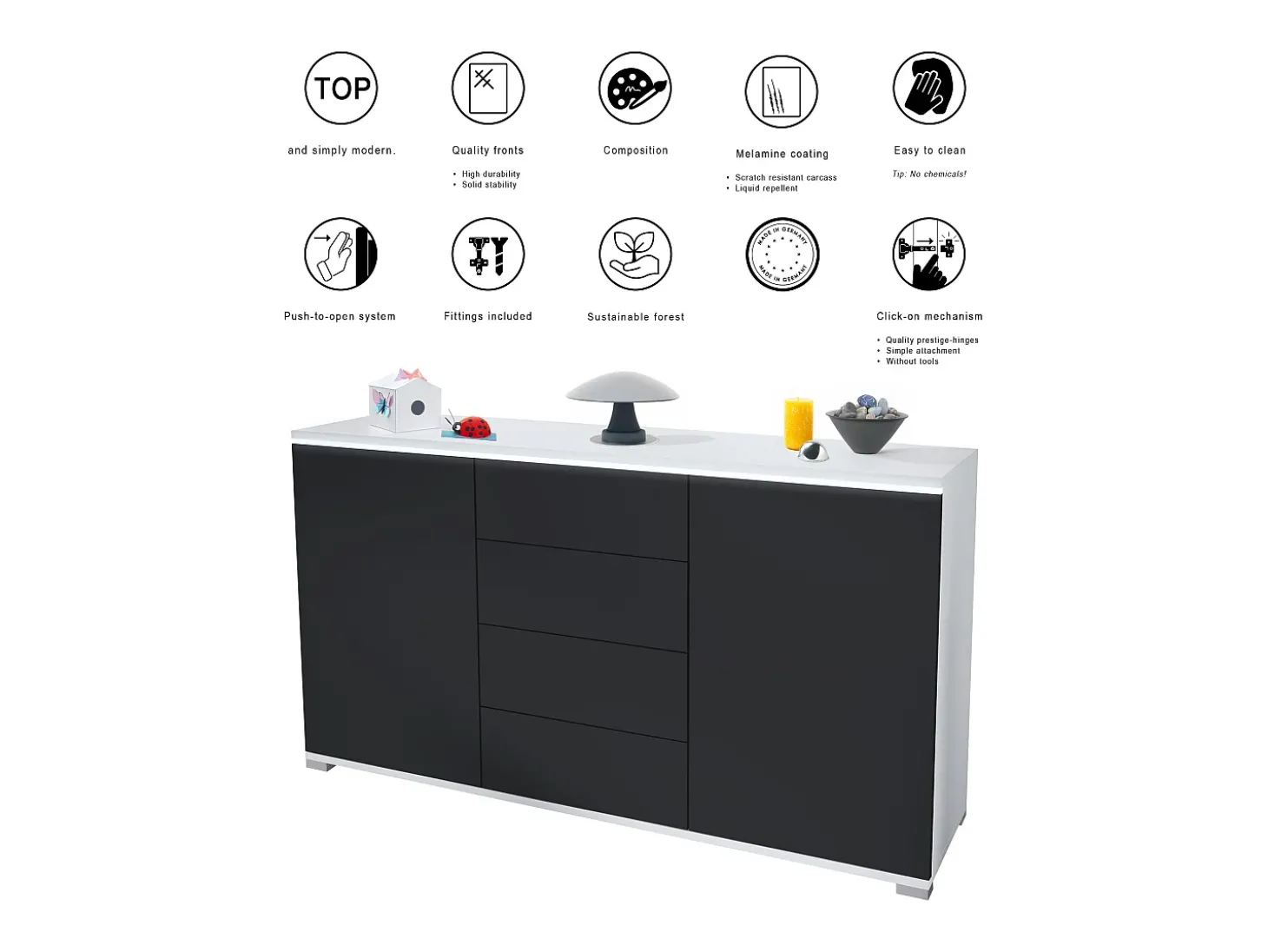 Aparador Faro V1 – Mueble con 2 Puertas y 4 Cajones, Armario con Tira de Luz LED, blanco mate / antracita mate (138,5 x 75,5 x 35)