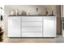 Aparador Faro V2 – Mueble con 2 Puertas y 4 Cajones, Armario con Tira de Luz LED, antracita mate / blanco de alto brillo (166,5 x 75,5 x 35)