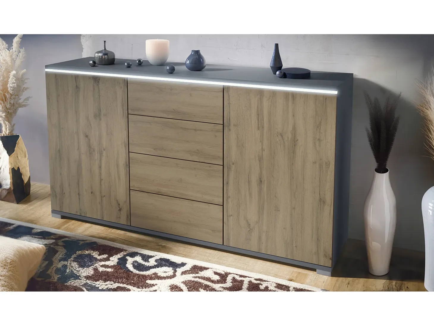 Aparador Faro V1 – Mueble con 2 Puertas y 4 Cajones, Armario con Tira de Luz LED, antracita mate / Roble Evoke (138,5 x 75,5 x 35)
