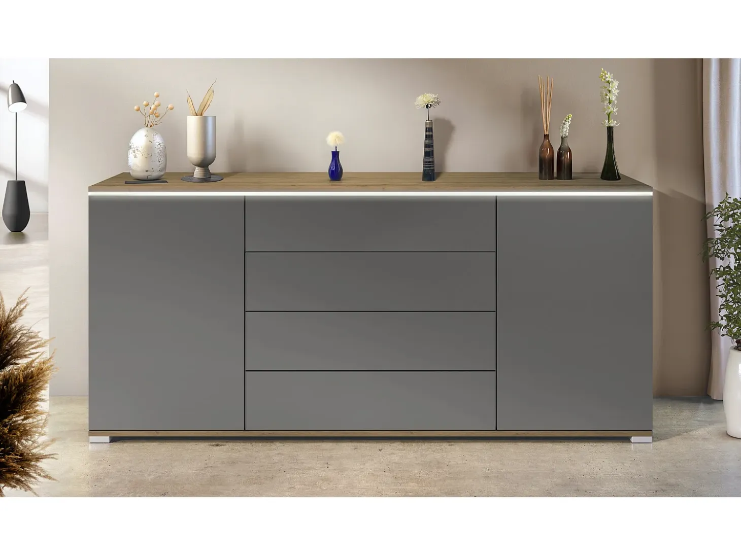 Aparador Faro V2 – Mueble con 2 Puertas y 4 Cajones, Armario con Tira de Luz LED, Roble Evoke / antracita mate (166,5 x 75,5 x 35)