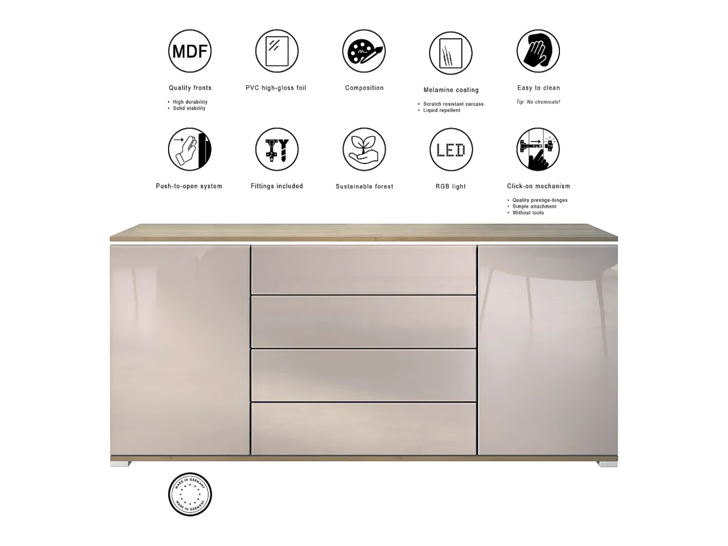 Aparador Faro V2 – Mueble con 2 Puertas y 4 Cajones, Armario con Tira de Luz LED, Roble Evoke / antracita mate (166,5 x 75,5 x 35)