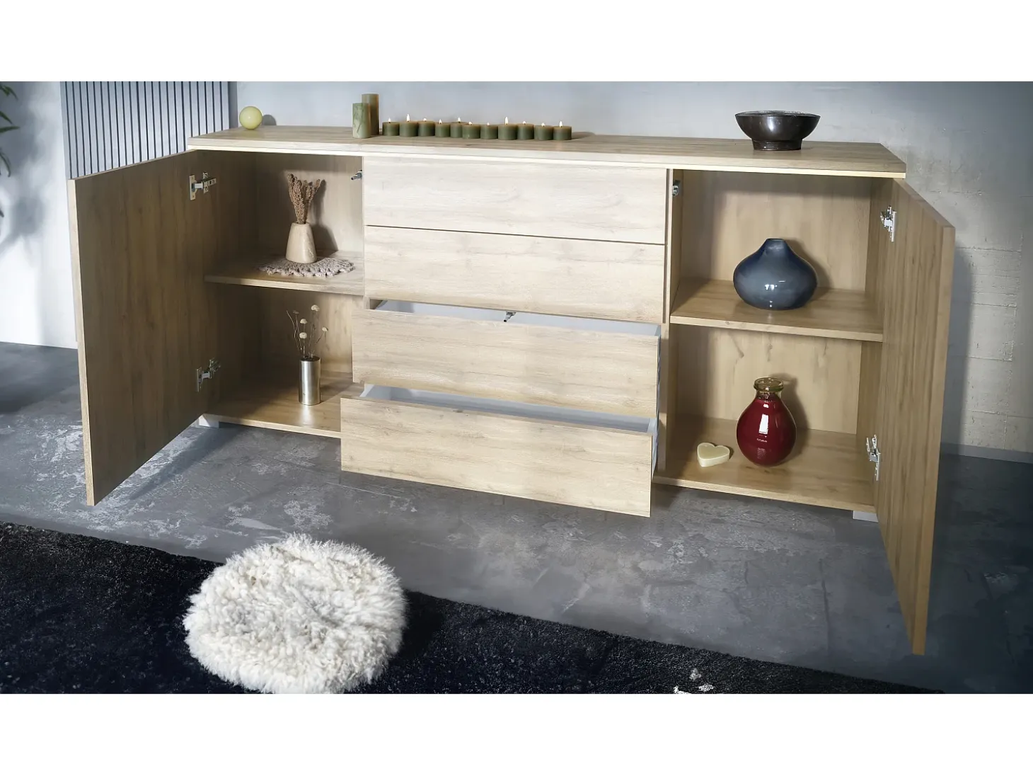 Aparador Faro V2 – Mueble con 2 Puertas y 4 Cajones, Armario con Tira de Luz LED, Roble Evoke / antracita mate (166,5 x 75,5 x 35)