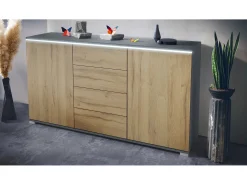Aparador Faro V1 – Mueble con 2 Puertas y 4 Cajones, Armario con Tira de Luz LED, antracita mate / roble natural (138,5 x 75,5 x 35)