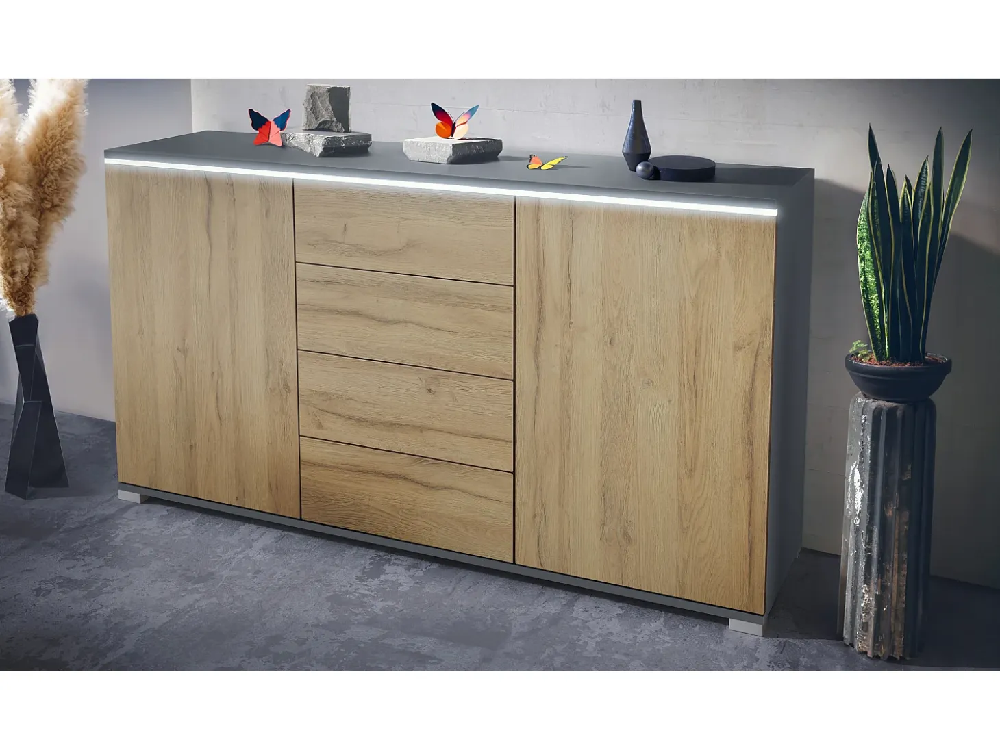 Aparador Faro V1 – Mueble con 2 Puertas y 4 Cajones, Armario con Tira de Luz LED, antracita mate / roble natural (138,5 x 75,5 x 35)