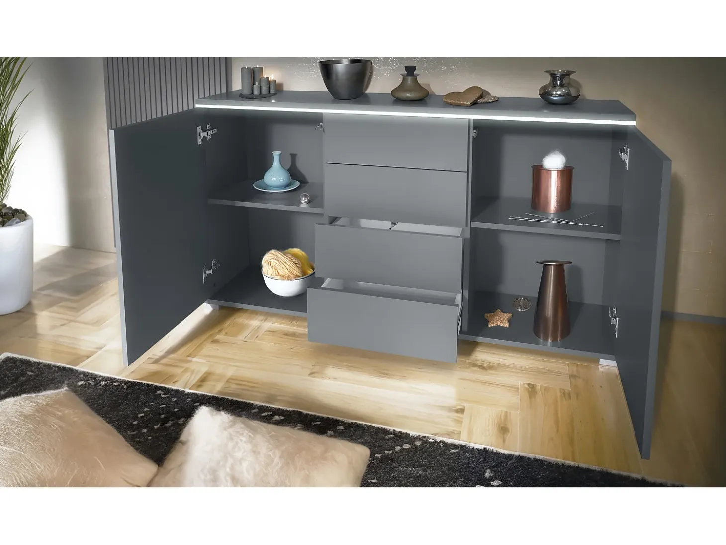 Aparador Faro V1 – Mueble con 2 Puertas y 4 Cajones, Armario con Tira de Luz LED, antracita mate / roble natural (138,5 x 75,5 x 35)