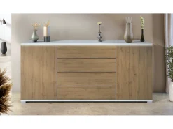 Aparador Faro V2 – Mueble con 2 Puertas y 4 Cajones, Armario con Tira de Luz LED, blanco mate / Roble Evoke (166,5 x 75,5 x 35)