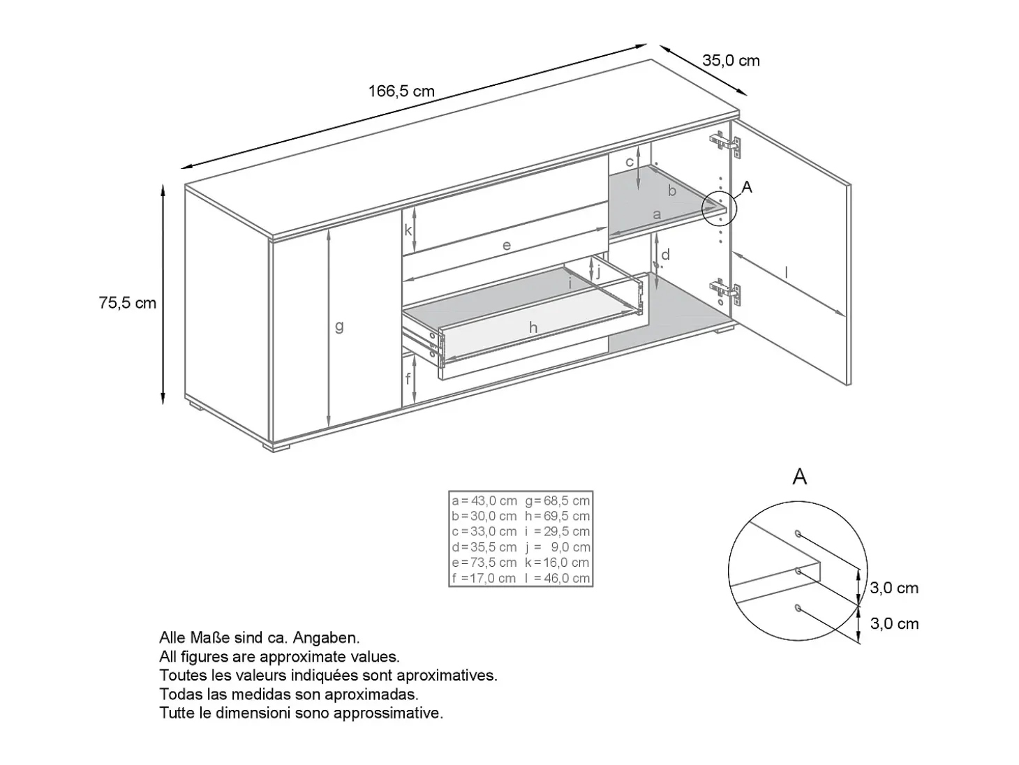 Aparador Faro V2 – Mueble con 2 Puertas y 4 Cajones, Armario con Tira de Luz LED, Roble Evoke / gris de alto brillo (166,5 x 75,5 x 35)