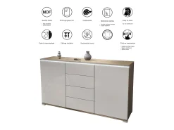 Aparador Faro V1 – Mueble con 2 Puertas y 4 Cajones, Armario con Tira de Luz LED, Roble Evoke / gris arena de alto brillo (138,5 x 75,5 x 35)