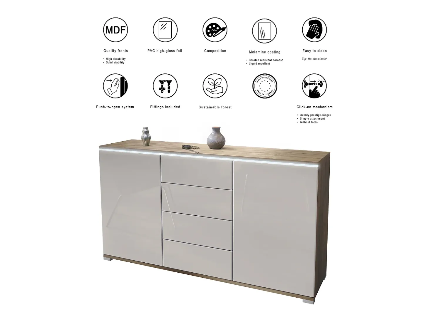 Aparador Faro V1 – Mueble con 2 Puertas y 4 Cajones, Armario con Tira de Luz LED, Roble Evoke / gris arena de alto brillo (138,5 x 75,5 x 35)