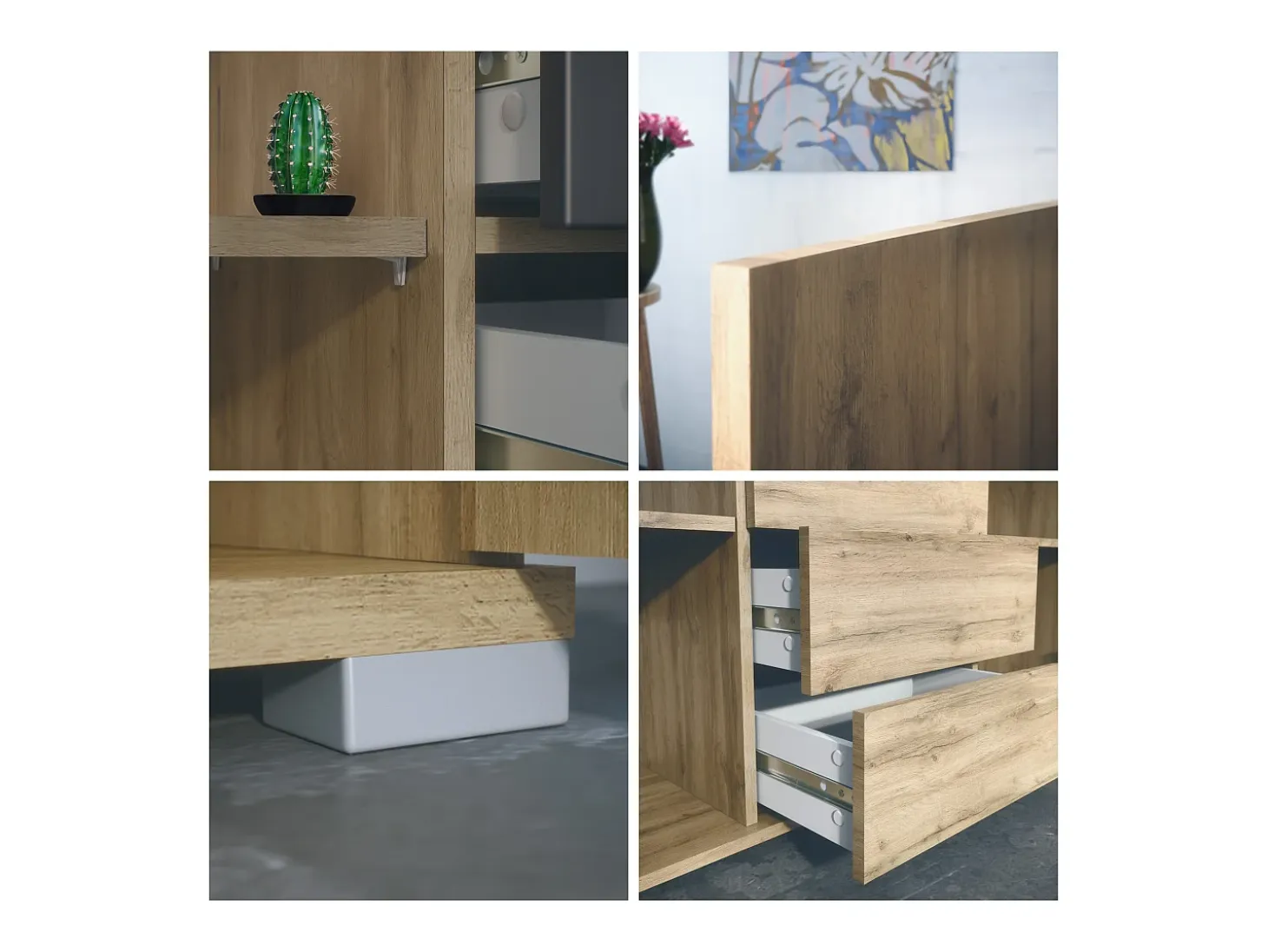 Aparador Faro V1 – Mueble con 2 Puertas y 4 Cajones, Armario con Tira de Luz LED, Roble Evoke / gris arena de alto brillo (138,5 x 75,5 x 35)