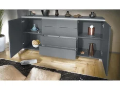 Aparador Faro V2 – Mueble con 2 Puertas y 4 Cajones, Armario con Tira de Luz LED, antracita mate / antracita mate (166,5 x 75,5 x 35)