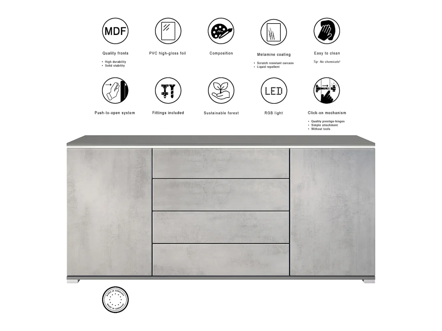 Aparador Faro V2 – Mueble con 2 Puertas y 4 Cajones, Armario con Tira de Luz LED, antracita mate / antracita mate (166,5 x 75,5 x 35)