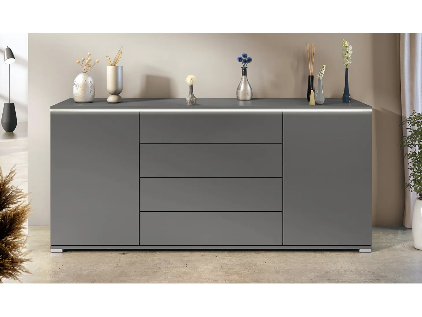 Aparador Faro V2 – Mueble con 2 Puertas y 4 Cajones, Armario con Tira de Luz LED, antracita mate / antracita mate (166,5 x 75,5 x 35)