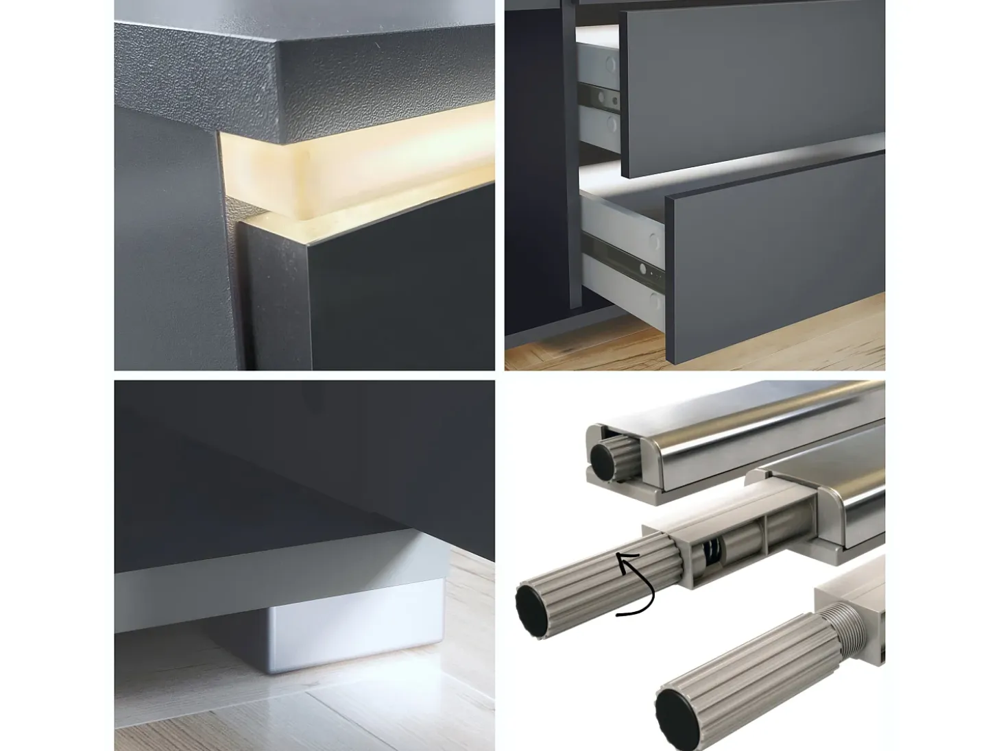 Aparador Faro V2 – Mueble con 2 Puertas y 4 Cajones, Armario con Tira de Luz LED, antracita mate / antracita mate (166,5 x 75,5 x 35)