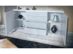 Aparador Faro V2 – Mueble con 2 Puertas y 4 Cajones, Armario con Tira de Luz LED, blanco mate / blanco de alto brillo (166,5 x 75,5 x 35)