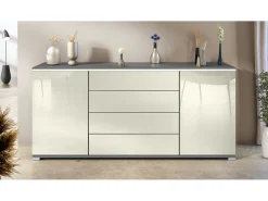 Aparador Faro V2 – Mueble con 2 Puertas y 4 Cajones, Armario con Tira de Luz LED, antracita mate / crema de alto brillo (166,5 x 75,5 x 35)