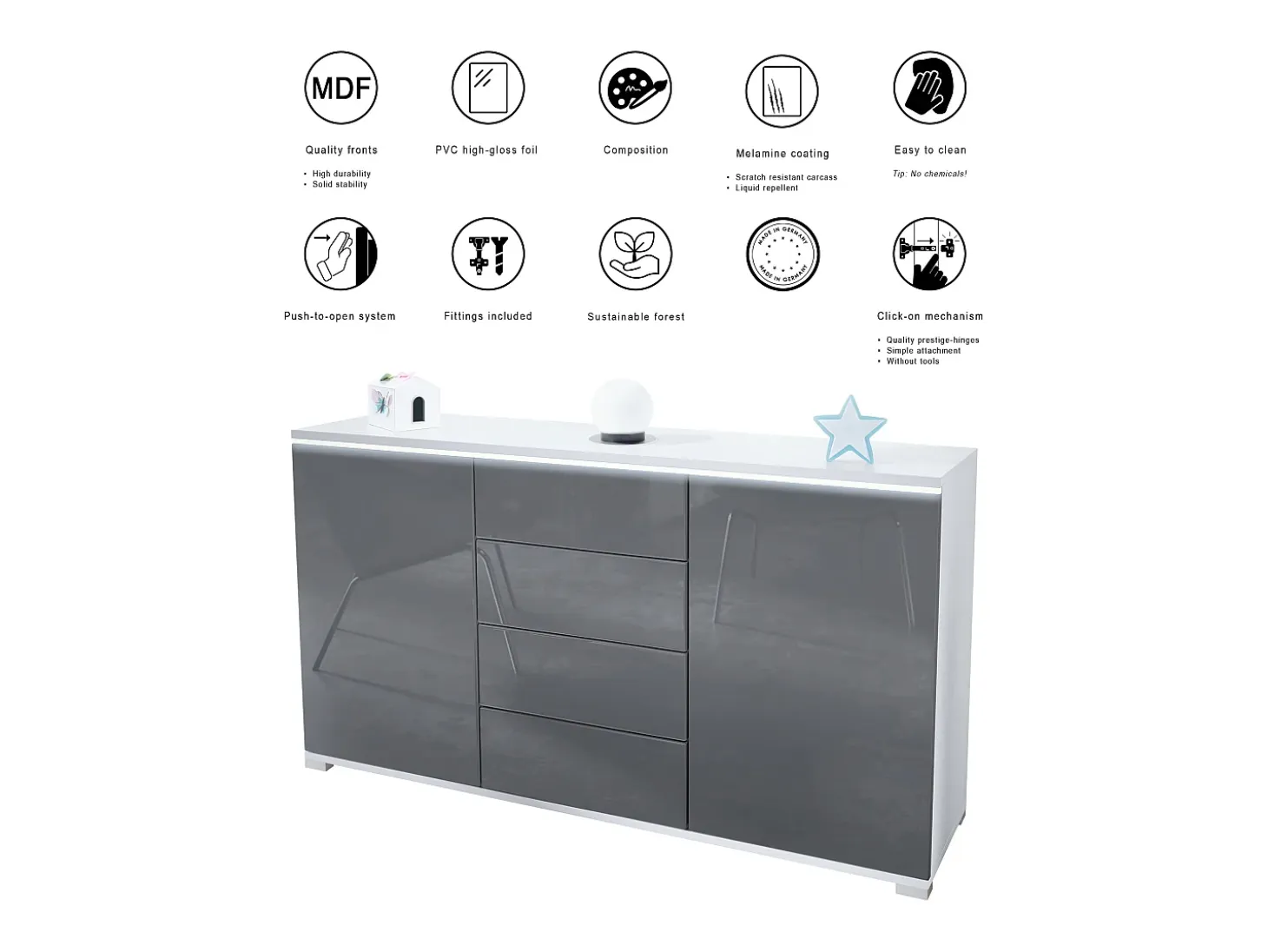 Aparador Faro V1 – Mueble con 2 Puertas y 4 Cajones, Armario con Tira de Luz LED, blanco mate / hormigón oxidado (138,5 x 75,5 x 35)