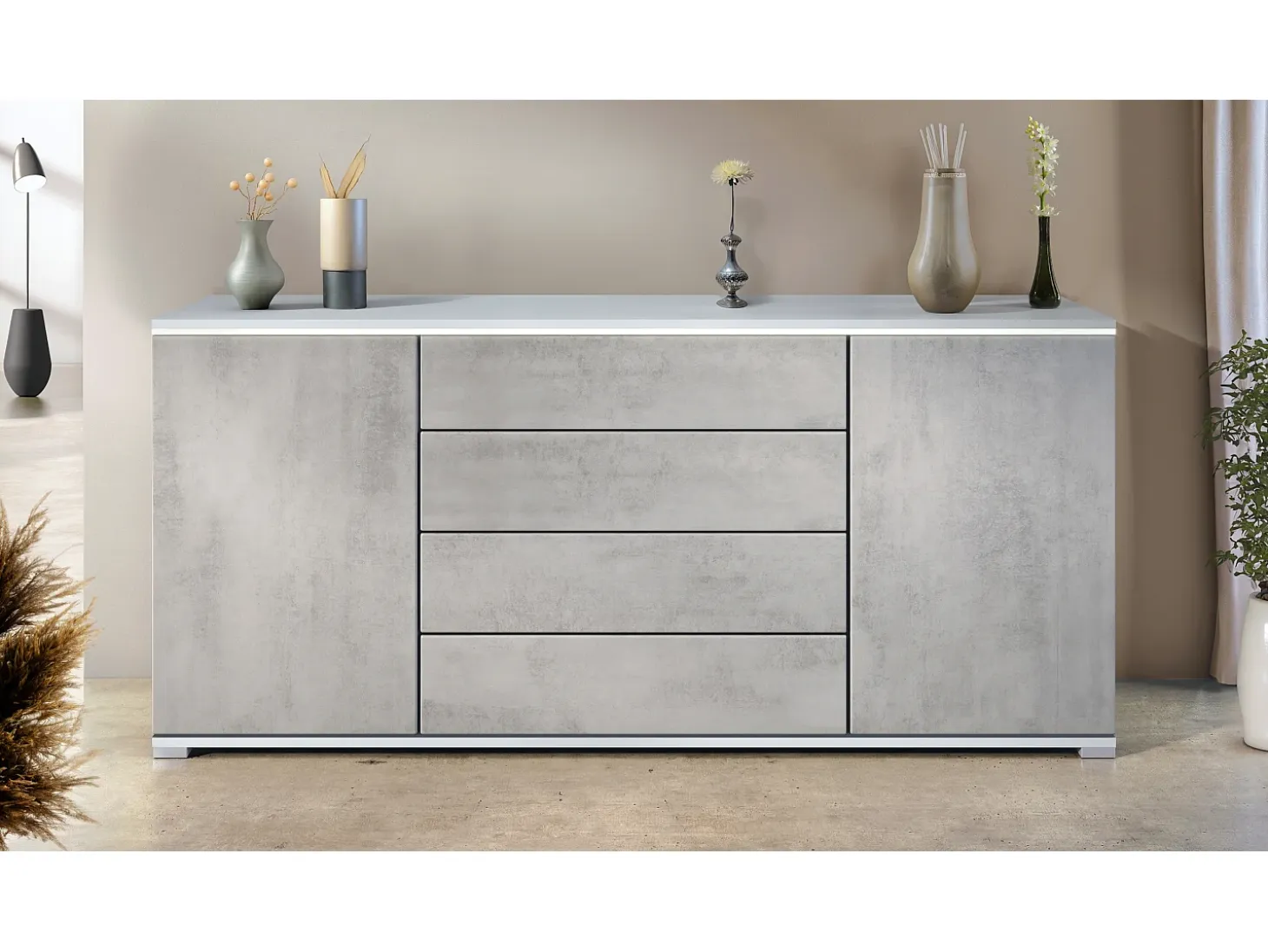Aparador Faro V2 – Mueble con 2 Puertas y 4 Cajones, Armario con Tira de Luz LED, blanco mate / hormigón oxidado (166,5 x 75,5 x 35)