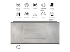 Aparador Faro V2 – Mueble con 2 Puertas y 4 Cajones, Armario con Tira de Luz LED, antracita mate / gris de alto brillo (166,5 x 75,5 x 35)