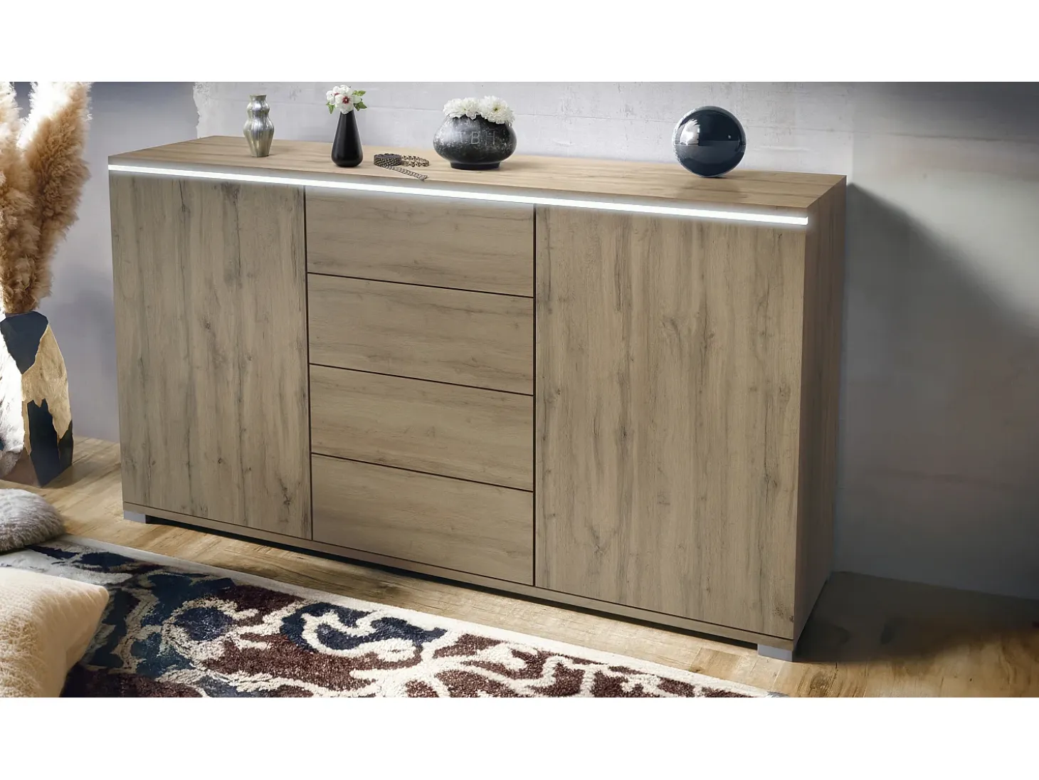 Aparador Faro V1 – Mueble con 2 Puertas y 4 Cajones, Armario con Tira de Luz LED, Roble Evoke / Roble Evoke (138,5 x 75,5 x 35)
