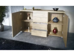 Aparador Faro V1 – Mueble con 2 Puertas y 4 Cajones, Armario con Tira de Luz LED, Roble Evoke / Roble Evoke (138,5 x 75,5 x 35)