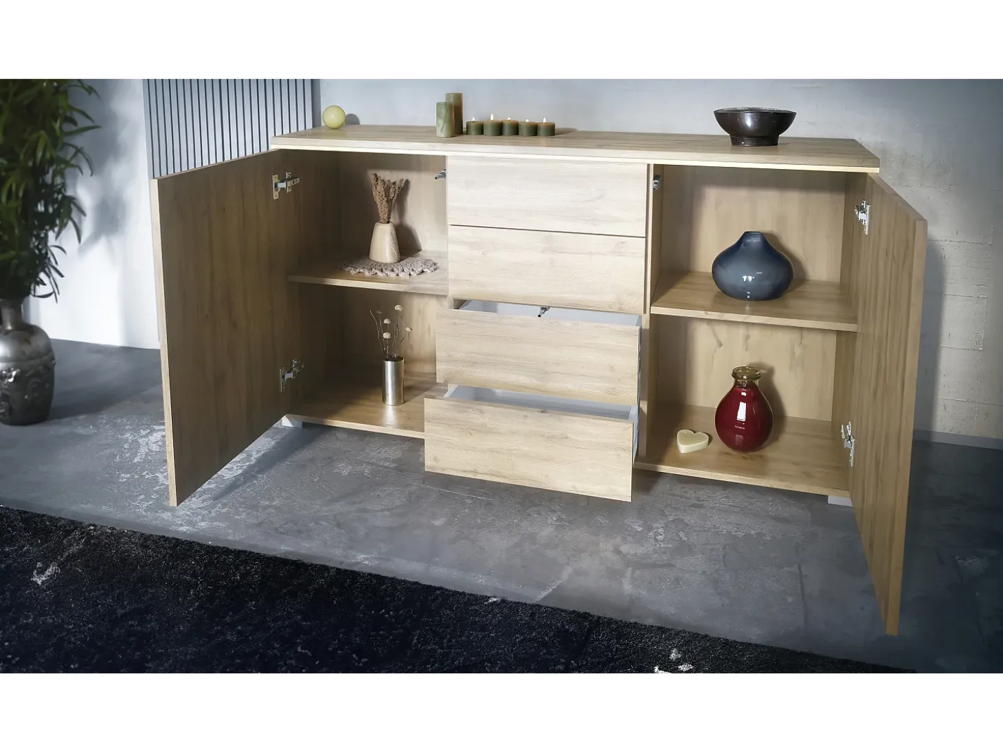 Aparador Faro V1 – Mueble con 2 Puertas y 4 Cajones, Armario con Tira de Luz LED, Roble Evoke / Roble Evoke (138,5 x 75,5 x 35)