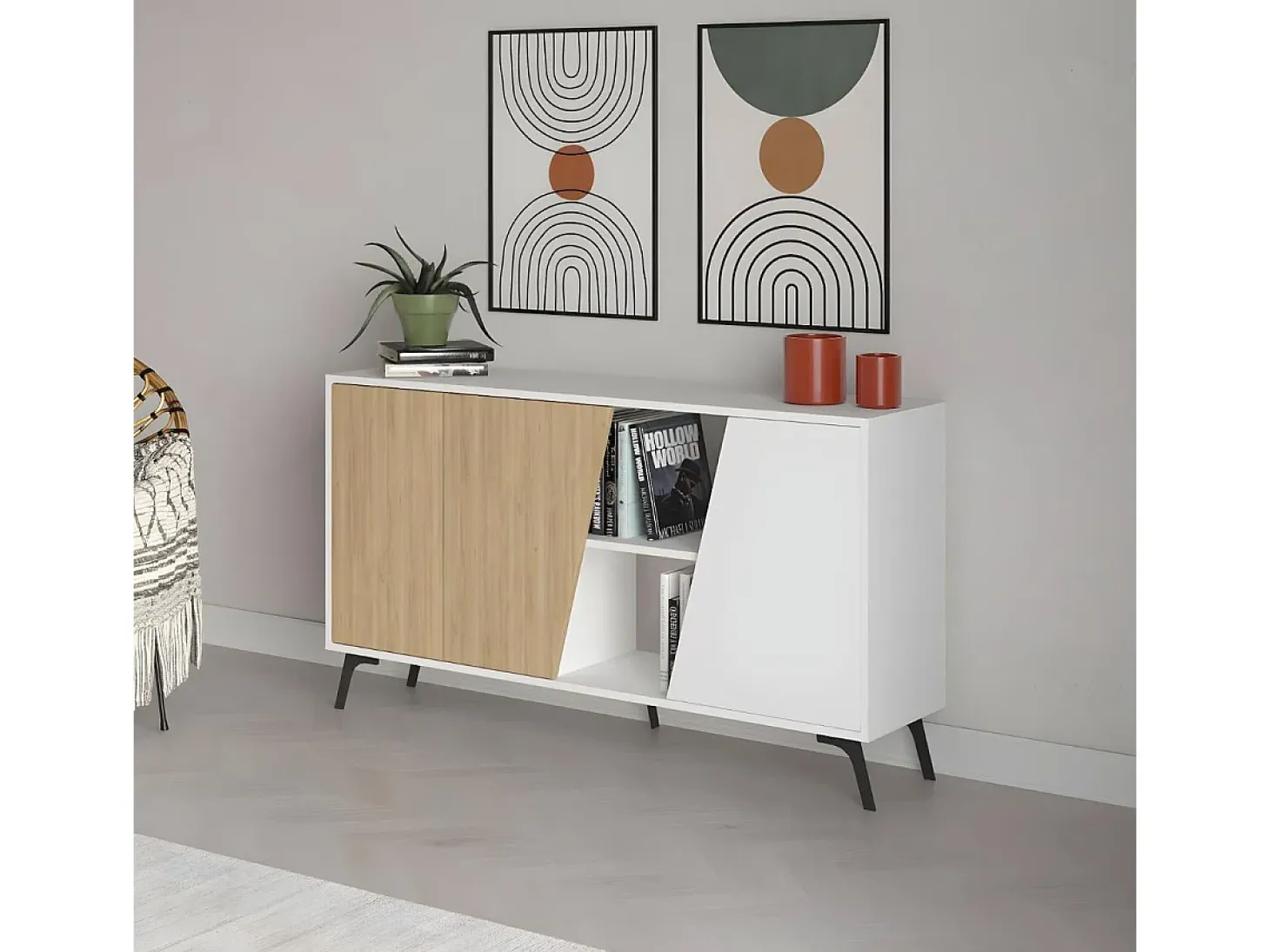 Aparador Fiona 2 puertas + 5 compartimentos roble/blanco 82x150x35,6 cm