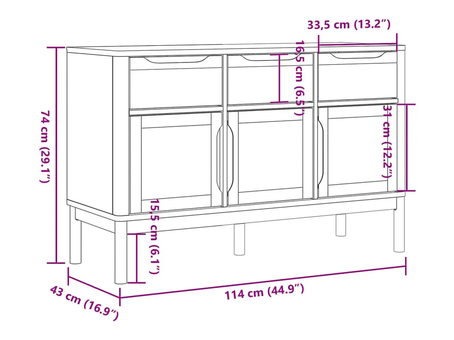 Aparador FLORO madera maciza de pino blanco 114x43x74 cm